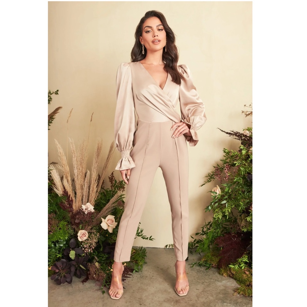 LAVISH ALICE Tailored Satin Mix Faux Wrap Jumpsuit in Champagne Size US 0